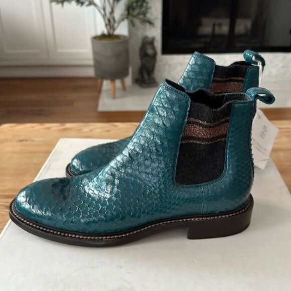 BRUNELLO CUCINELLI Size 37 EU Pull On Chelsea Boots EMERALD PYTHON LEATHER NEW - Picture 1 of 11